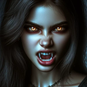 Generate hyper-realistic image of a young, fierce female vampire with glowing eyes, snarling as she bares her razor-sharp fangs menacingly.