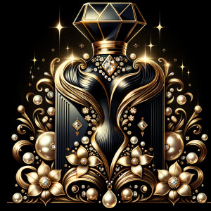 Design a fancy, black and gold bottle of perfume in the shape of a woman’s body. With a golden diamond top, flowers pearls and Diamonds in the name, Karen