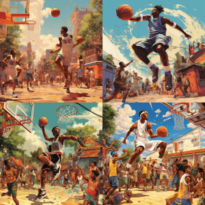 Vintage basketball street court, black people flying to make dun...