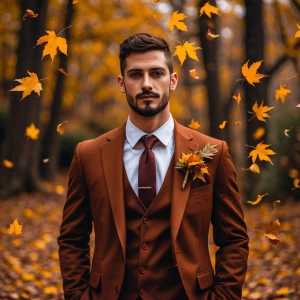 photography, look to the front, a groom in a rust or burgundy su...