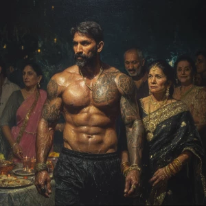 Hyperrealism oil painting .a muscular beefy sweaty tattoed india...