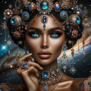 "Create a portrait of a regal  latino woman with an ethereal and cosmic theme. Her skin is a glossy tan brown, with a smooth and flawless finish that reflects light. Her eyes are a striking electric blue, like sapphires, with a makeup that accentuates their shape and the intensity of their color. Her hair is styled into an intricate array of braids, coils, and twists that cascade down and frame her face, adorned with beads and jewels that catch the light. She wears an elaborate headdress made of swirling patterns and motifs that evoke the mysteries of the universe, studded with shimmering stones and intricate enamel work in hues of blue and gold. Her attire consists of a cascade of layered necklaces and a majestic, shoulder-grazing earring, each piece detailed with a mix of precious stones, metals, and intricate beadwork. The background is a tapestry of stars and nebulas, suggesting a connection to the cosmos. Her pose is serene, with a hand gracefully touching her chin, adorned with rings that complement her other jewelry, all coming together to suggest an aura of wisdom and grace."