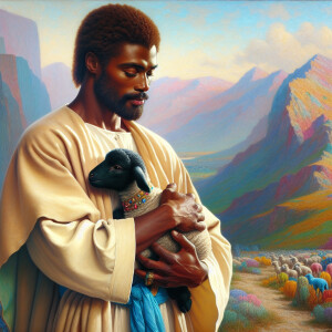 Oil painting of an African-American man resembling Jesus Christ,...