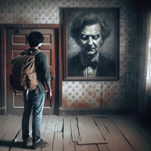 A man with a backpack stands in an old gloomy room in which a cr...