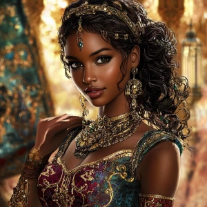 Envision a graceful young woman with a fusion of Nigerian and Eg...