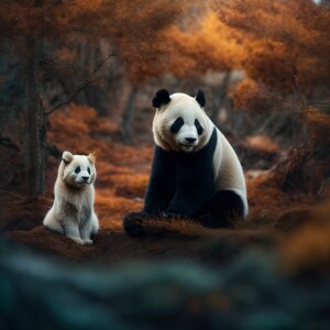 A small  cat and a panda sitting together