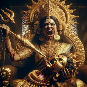 portrait of angry looking goddess durga sitting on a gold crown and carrying a weak mahishasur on her lap and stabbing him with her amazingly designed trident. She is wearing gold armor, a huge gold crown, gold saree, abundant  gold jewelry, covered in blood. The scene is set in ancient India. The image is 8K resolution, cinematic, ultra detailed face and epic.