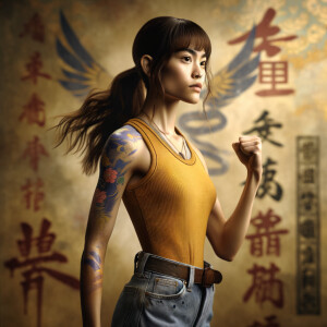 Athletic Thin skinny Attractive, Asian teenage girl, long brown hair and bangs, wearing tight skinny jeans and a halter top paint marks on her clothing, heroic pose Asian graffiti background, side view