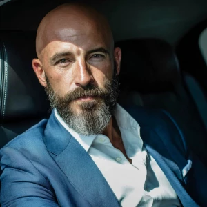 Create an image of a bald man with a well-groomed beard, seated...