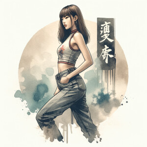 Athletic Thin skinny Attractive, Asian teenage girl, long brown hair and bangs, wearing tight skinny jeans and a halter top paint marks on her clothing, heroic pose Asian graffiti background, side view