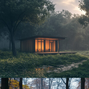A wooden cabin in an oak forest in Bauhaus style, hyper realisti...