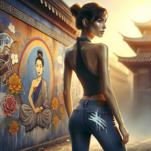 Athletic Thin skinny Attractive, Asian teenage girl, long brown hair and bangs, wearing tight skinny jeans and a halter top paint marks on her clothing, heroic pose Asian graffiti background, backside view