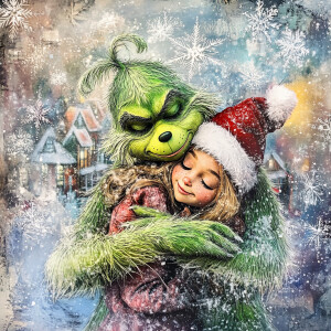 a whimsical chalk art image of the Grinch hugging Little Susie W...