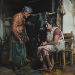 hyperrealistic painting 1:1, a robust, muscular village chief, g...