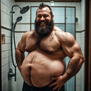 Create an image of a cheerful, bearded, and hairy man with a mus...