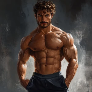 Generate an image of a fit, muscular man sporting curly brown ha...