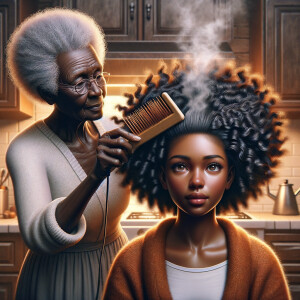 Create a realistic 3-D image of an african-American grandmother in the kitchen with her african-American granddaughter. The grandmother has a hot comb in her hair and she is straightening her granddaughters hair. One side of her granddaughters hair is in  a Afro the other is bone straight 
There is smoke coming from the hot comb