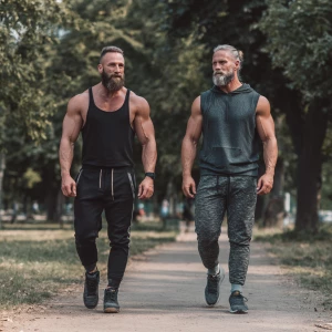 Two bodybuilder muscle, bearded, men walking in the park with jo...