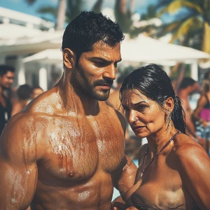 Create a realism photorealistic image of a muscular, sweaty man...