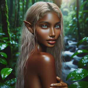 create a hyper realistic elven Blasian women standing in a rainf...