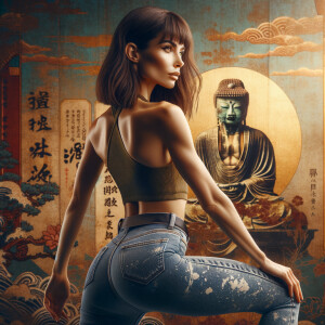 Athletic Thin skinny Attractive, Asian teenage girl, long brown hair and bangs, wearing tight skinny jeans and a halter top paint marks on her clothing, heroic pose Asian graffiti background, backside view