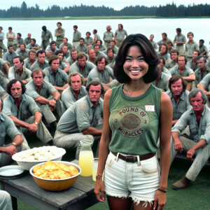 create a film snapshot from 1972 of dozens of dour men standing...