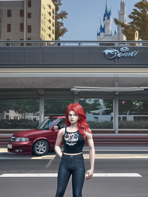 Disney Princess Ariel leans on a Toyota Mark II car. Ariel is we...