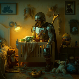The Mandalorian character, put baby Yoda in its crib, in the bed...