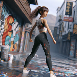 Athletic Thin skinny Attractive, Asian teenage girl, long brown hair and bangs, wearing tight skinny jeans and a halter top paint marks on her clothing, heroic pose Asian graffiti background, backside view