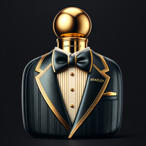 Create a realistic, 3-D cologne bottle That looks like a black Gucci tuxedo with a gold top and the name Bradley written in gold letters