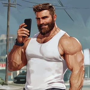 White muscular thin man with beard, big chin, smile and cheekbon...