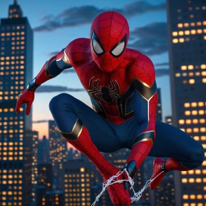 Create an image of Spider-Man swinging through the skyscrapers o...