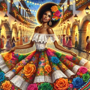 A detailed digital watercolor  illustration of a beautiful Afro Latina woman in a vibrant traditional Mexican folkloric dress dances gracefully in a lively, festive street. The dress has an off-shoulder white lace top and a voluminous, multicolored skirt adorned with intricate floral embroidery, bold roses, & detailed patterns. Her dark hair is elegantly styled in an updo, decorated with bright flowers matching her dress. Background showcases a picturesque colonial-style town illuminated by warm, glowing lanterns & string lights. The cobblestone street is lined with flower-filled balconies & lampposts, with people enjoying the festive atmosphere. The setting exudes a magical, celebratory ambiance, rich in color & culture.