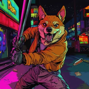MEME DOGE in GTA art style - mid-swing with a large metal bat, c...