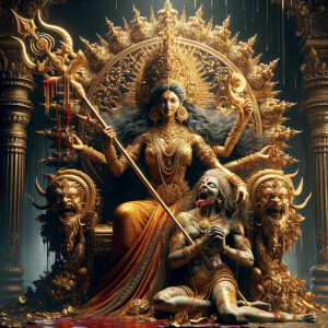 portrait of angry looking tall goddess durga sitting on a gold crown and carrying a weak mahishasur on her lap and stabbing him with her amazingly designed trident. She is wearing gold armor, a huge gold crown, gold saree, abundant  gold jewelry, covered in blood. The scene is set in ancient India. The image is 8K resolution, cinematic, ultra detailed face and epic.