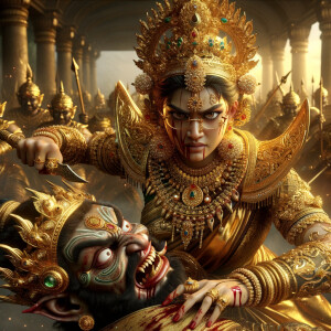 portrait of angry looking goddess durga pinning mahishasur to the ground. She is wearing gold armor, a huge gold crown, gold saree, abundant  gold jewelry, covered in blood. The scene is set in ancient India. The image is 8K resolution, photography, cinematic, ultra detailed face and epic