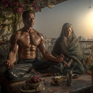 Hyperrealistic image,A man muscular beefy sweaty doinga yoga sit...