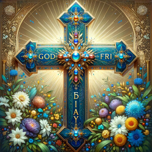 Create an image of a majestic cross, larger in size, with a harm...