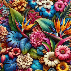Create a high-resolution image of vibrant tropical flowers, insp...