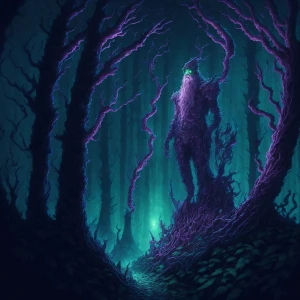 In a hazy, psychedelic forest, a sinister Santa figure sits atop...