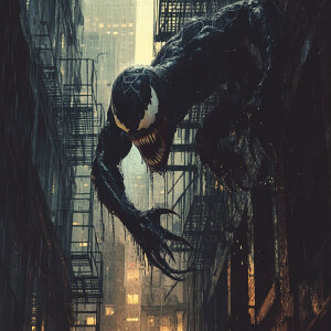 Create an image of Venom poised above Spider-Man on a fire escap...