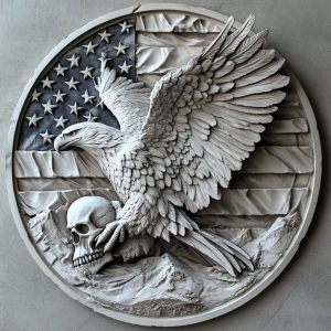 Create a circular, coin-like bas relief design featuring an eagl...
