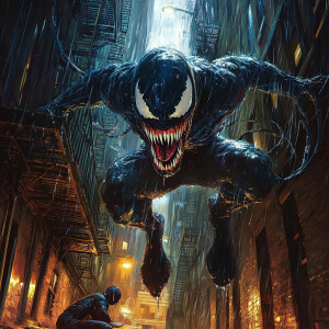 Create an image depicting Venom, with a menacing grin and sharp...