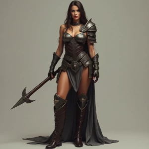 A sensual female warrior clad in stylized, form-fitting leather...