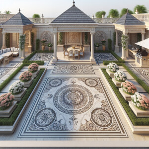 Design a luxury classic-style rooftop garden featuring an elegan...