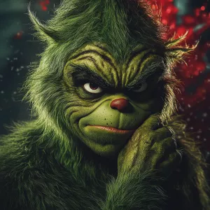 A close-up photo of The Grinch's face, rendered in a surrealisti...