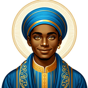 Create a African-American Jesus Christ with Hazel Brown eyes, wearing a blue and gold robe and a blue and gold head covering,He is smiling