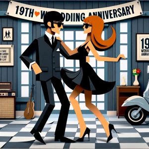 ‘Happy 19th Anniversary!’ Written
A 60s mod vibe with a tan male...