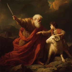 Abraham with a knife raised to a dark haired boy with a ram besi...