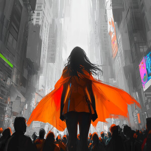 Create an image of a monochrome city street scene where a crowd...